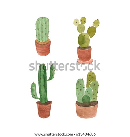Watercolor cactus set, hand drawn design on white background