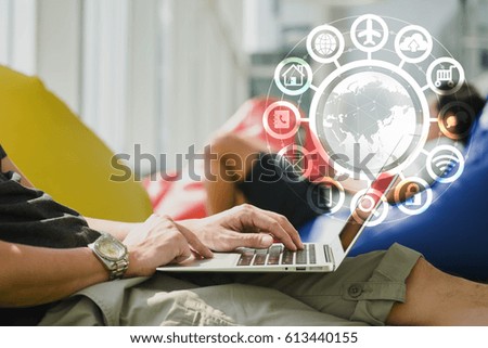 man use laptop and smartphon with IOT, internet of things conceptual sign, internet era, internet in every day lifes