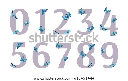 Colorful kids numbers set for your design with butterfly and beetles. From zero to nine. Vector illustration.