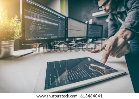 Developing programming and coding technologies. Website design. Cyber space concept. Royalty-Free Stock Photo #613464041