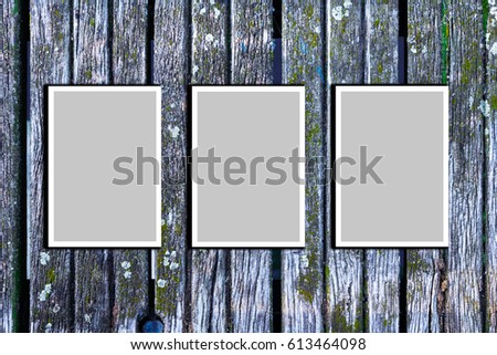 Three gray and white frames against natural wooden background. Copy space. Mockup.