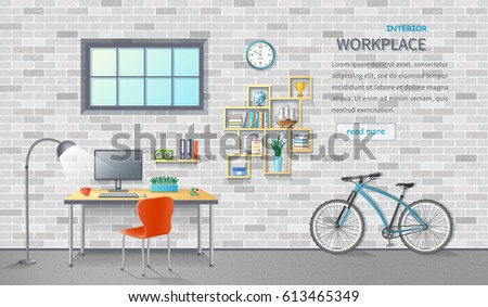 Stylish and modern office workplace. Room interior with desk, chair, monitor, shelves, office supplies, bicycle.  Brick background. Detailed vector illustration for a horizontal web banner.