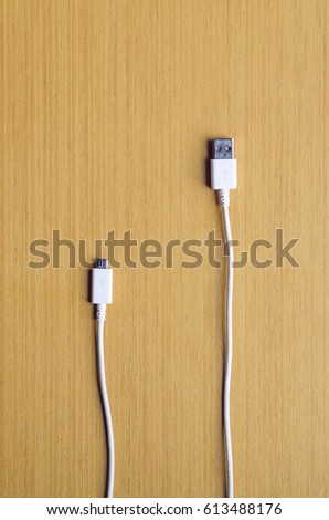White USB cable with standard and micro port on the wooden background vertical