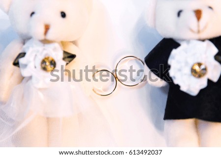 Gold wedding rings and Teddy bears dressed as a bride and groom