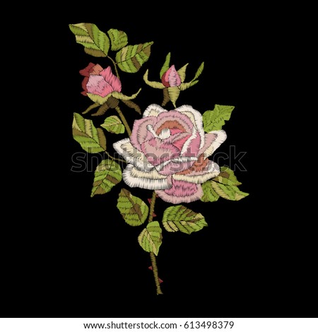 Roses embroidery on black background. Satin stitch imitation, vector.