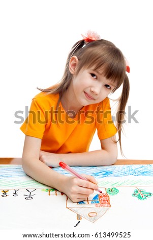 A little girl is drawing a picture of country house, isolated on white background