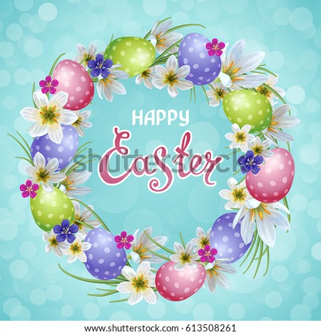 Vector template Easter cards with realistic eggs and flowers. Beautiful background. Lettering, calligraphy.