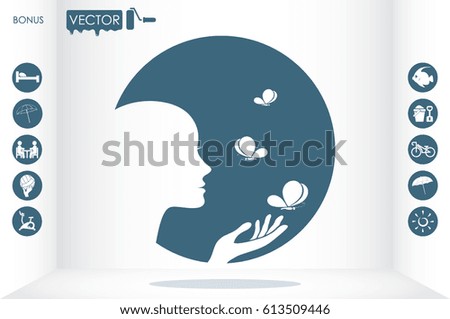 Elegant silhouette of a woman surrounded by butterflies icon vector EPS 10, abstract sign logo  flat design,  illustration modern isolated badge for website or app - stock info graphics