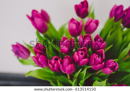 Bouquet of violet tulips in craft paper on the gray wooden background. Place for text. Valentines Day. Spring concept.
