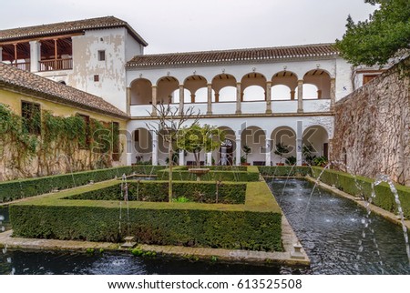  Patio de la Sultana ( Court of the Sultana Cypress Tree) in Generalife gardens, Granada, Spain
