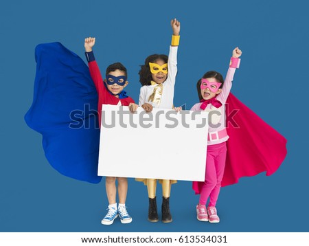 Superhero Kid Smiling Arms Raised Banner Copy Space