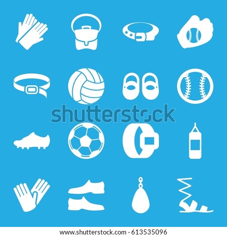 Leather icons set. set of 16 leather filled icons such as baby shoes, belt, gloves, sandals, man shoe, bag, soccer trainers, baseball glove, baseball, volleyball, fotball