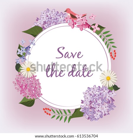 Summer, spring greeting card with lilac flowers, daisies, cardboard style, vector, illustration