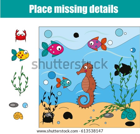 Matching children educational game. Match pieces and complete the picture with sea life. Puzzle kids activity