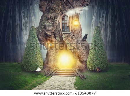 Fairy tree house in dark spooky fantasy forest  Royalty-Free Stock Photo #613543877