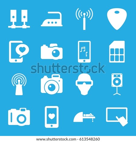 Device icons set. set of 16 device filled icons such as signal tower, camera, finger on tablet, iron, heart mobile, phone with heart, signal, MRI, guitar mediator