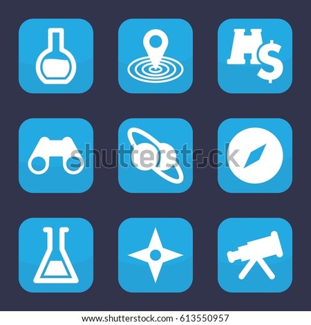Discovery icon. set of 9 filled discovery icons such as map location, binoculars, test tube, compass, binoculars with dollar sign, planet and satellite