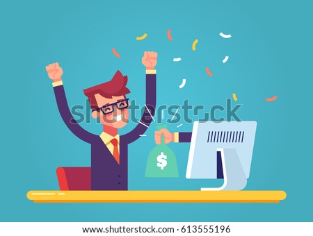 The hand from the monitor stretches a bag of money to a happy man. Concept of earnings on the Internet, online income, gambling. Modern vector illustration.
 Royalty-Free Stock Photo #613555196