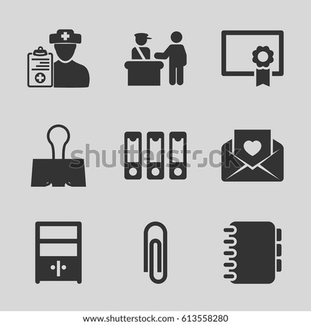 Document icons set. set of 9 document filled icons such as pass control, love letter, doctor prescription, binder, paper clamp, cupboard, diploma, notebook