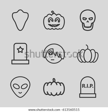 Halloween icons set. set of 9 halloween outline icons such as animal fang, pumpkin, pumpkin haloween, skull, headstone, emo emot