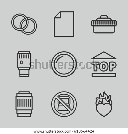 Sticker icons set. set of 9 sticker outline icons such as no laptop, top of cargo box, heart in fire, camera lense