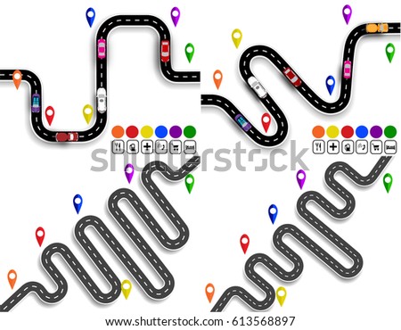 Set of winding roads with signs. Movement of vehicles. The path is indicated by the navigator. Vector illustration