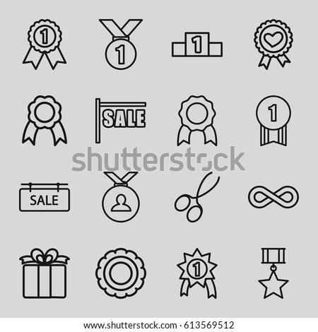 Ribbon icons set. set of 16 ribbon outline icons such as manicure scissors, medal, present, eternity, sale tag, ranking, sale, number 1 medal, medal with star