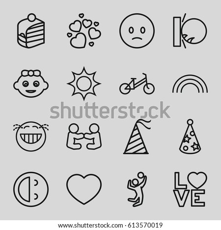 Happy icons set. set of 16 happy outline icons such as baby girl, child bicycle, piece of cake, love word, heart, party hat, rainbow, volleyball player, sad emot