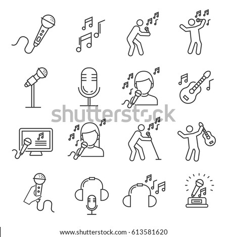 Set of singing Related Vector Line Icons. Includes such Icons as singer, music, musical notes, microphone, concert, Opera, guitar, headphones, karaoke Royalty-Free Stock Photo #613581620