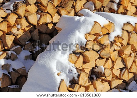 A stack of firewood in winter in the snow