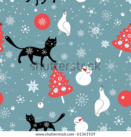 Seamless pattern of snowflakes cats and birds