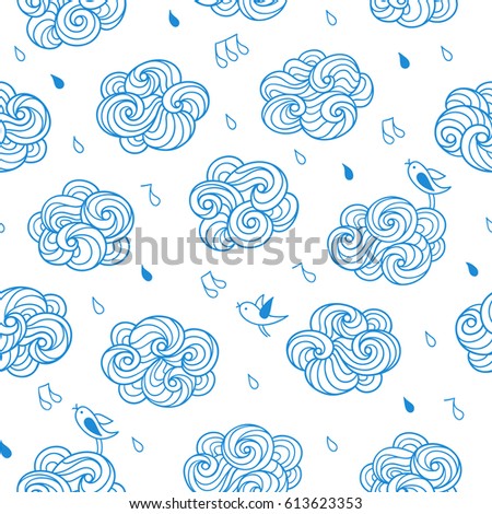 Funny little bird is flying in the sky under a rain drops above the curly clouds. White and blue seamless pattern with cute hand drawn elements for kids design.
