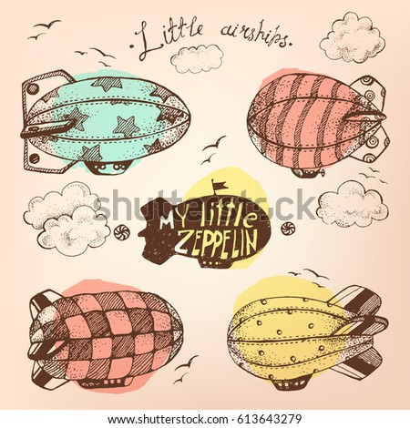 Hand drawn vector vintage collection of cute little airchips with strips, stars, dots and squares in the sky. Zeppelin, birds and clouds. Retro old yellow colors
