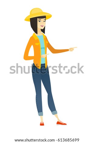 Young asian farmer in summer pointing to the side. Farmer pointing her finger to the side. Happy farmer pointing to the right side. Vector flat design illustration isolated on white background.