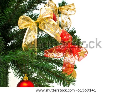christmass tree branches with balls and ribbons isolated