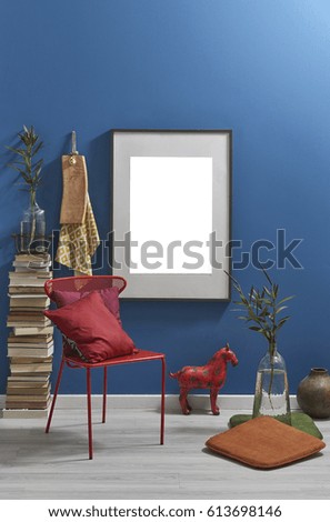blue wall frame and old book modern style, interior design