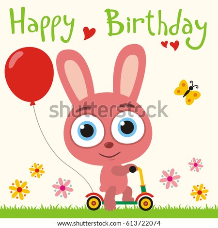Happy birthday! Funny bunny rabbit going on scooter with red balloon. Greeting card.