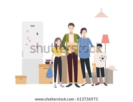 Family moving into a new house with things. Cartoon illustration in flat style.