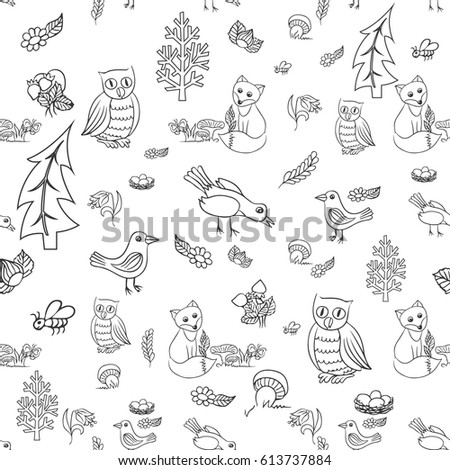 Forest animals doodle illustration - vector seamless pattern