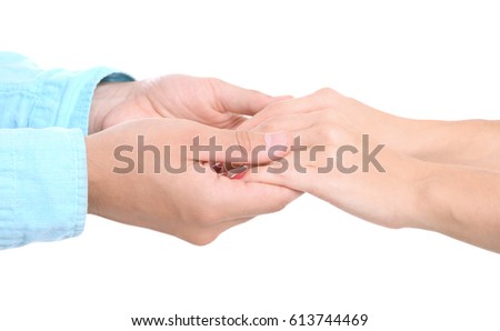 Couple hands on white background