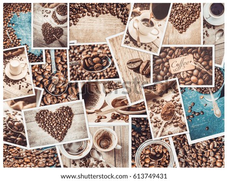 collage of coffee. a lot of pictures. selective focus.