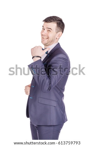 Portrait adult businessman  looking and pointing finger  gesture . happiness, gesture, emotions and people concept. Image on white  studio background.