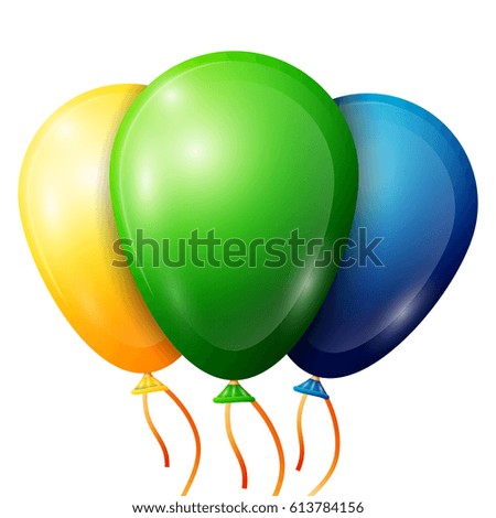 Realistic green, yellow, blue, balloons with ribbons isolated on white background.
