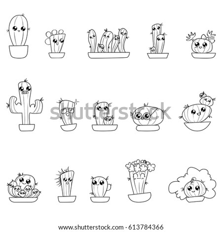 Set of cute cartoon hand-draw cactus in different pots