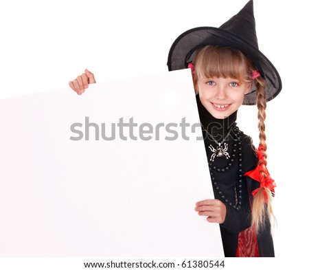 Child  witch holding banner and thumb up. Isolated.