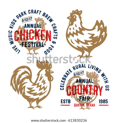 Set of Retro Chicken And Rooster Emblems, Badges and Logos. Collection of Vintage Hand Drawn Poultry Designs. Hand Made Vector Illustration of a Hen and Cock for Your Business.