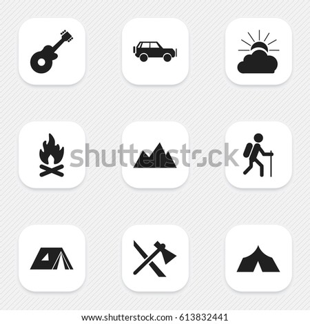 Set Of 9 Editable Trip Icons. Includes Symbols Such As Gait, Tomahawk, Musical Instrument And More. Can Be Used For Web, Mobile, UI And Infographic Design.
