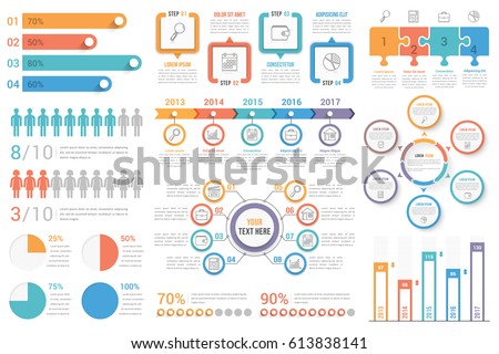Set of most useful infographic elements - bar graphs, human infographics, pie charts, steps and options, workflow, puzzle, percents, circle diagram, timeline, vector eps10 illustration