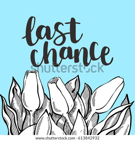 Romantic vector tulip composition with sale lettering, Sketch white flowers on bright blue background. Beautiful template for your design or advertise.