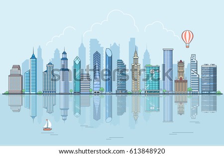 Linear Flat Buildings, skyscrapers, business center, offices and houses on water and sky background vector illustration. Modern city, Urban life concept.